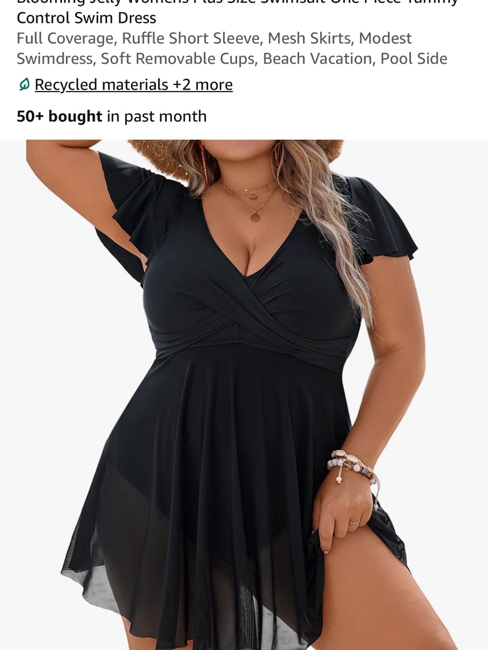 Plus Size Black Swim Dress - Elegant Ruffle Sleeve Swimdress